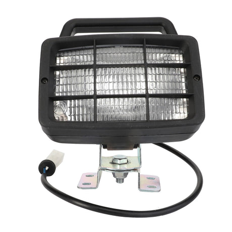 Introducing the AGCO Worklight - La321932500: a rectangular vehicle work light featuring a black casing, grid cover, and mounting bracket. It comes equipped with a black power cable ending in a white connector. This durable accessory ensures reliable performance as part of our collection of genuine AGCO parts.