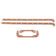 Three brown cork gaskets, identified as AGCO Oil Sump Gasket - V836322538, are arranged on a white background. Two long and narrow gaskets are positioned at the top, while a shorter, rectangular gasket is placed at the bottom. No current product description is available for this item from AGCO.
