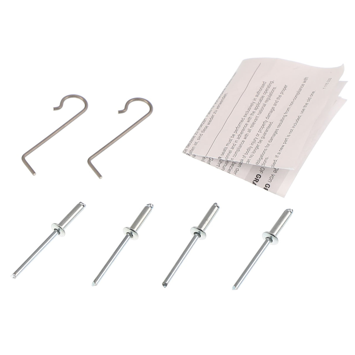 The AGCO Small Parts Kit - F339500030220, consisting of two metal hooks, four metal rivets, and two pieces of folded paper with printed text, is displayed on a white surface.