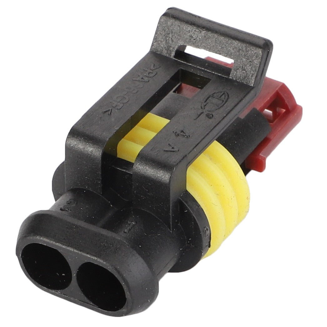 A close-up image of the AGCO Electrical Connector - D44900804, featuring a black and yellow design with two input slots and a red clip.