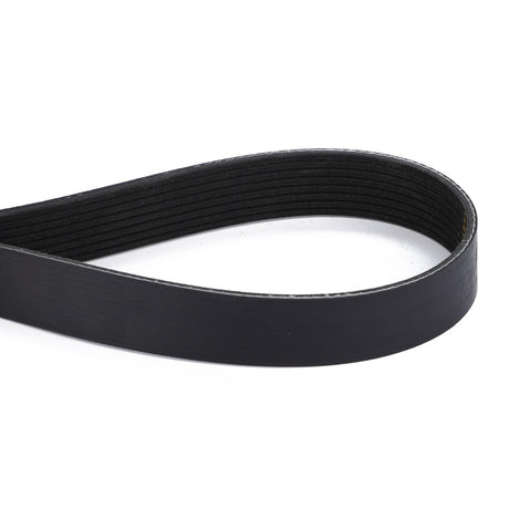 The AGCO Serpentine Belt, Pk8 Profile - Acw1752880, designed for optimal performance in machinery or engines, is shown looped against a white background. This black rubber V-belt meets stringent engine specifications and ensures reliable functionality. Ideal for those seeking AGCO Genuine Serpentine Belts.