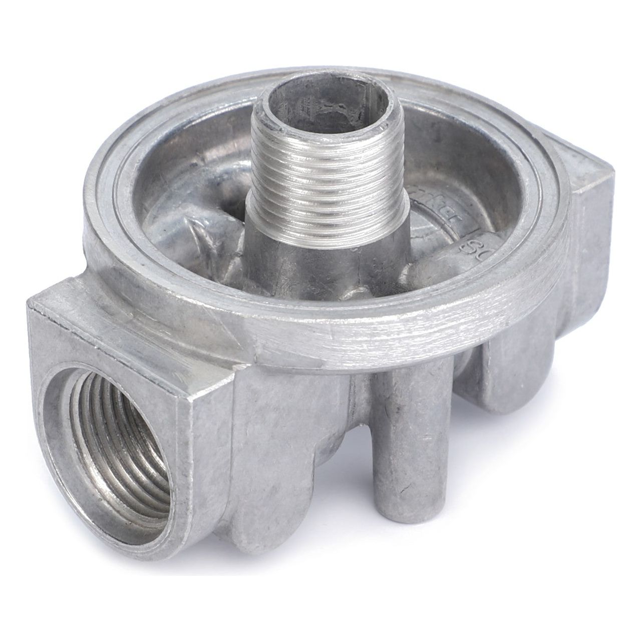 The "Fuel Filter Head Housing - 6223538M1" by AGCO is a metallic component with threaded openings, likely part of a hydraulic system or plumbing assembly.