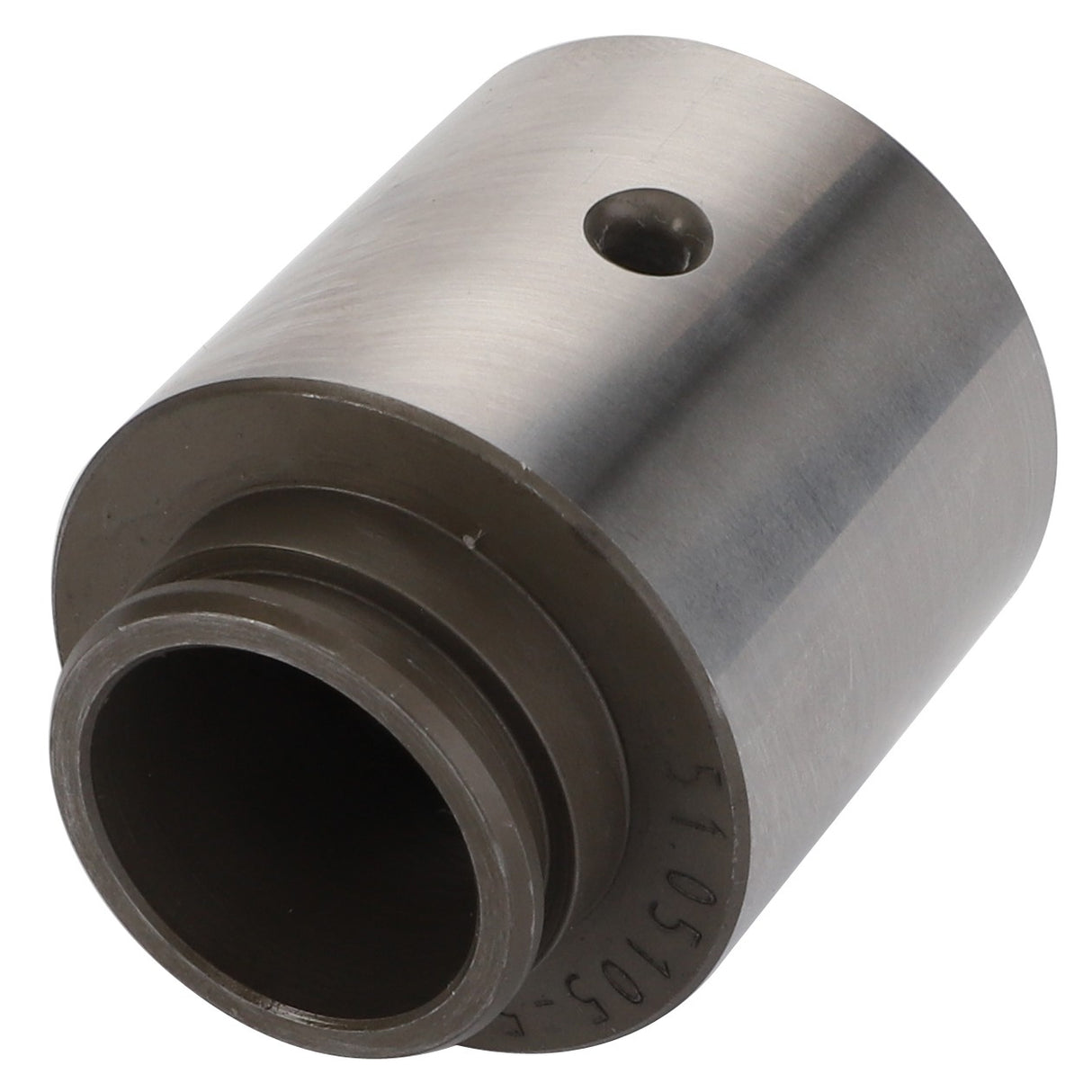 The AGCO Axle - F530200220030, a cylindrical metal component, features a small circular hole near the top and a protruding section at the base.