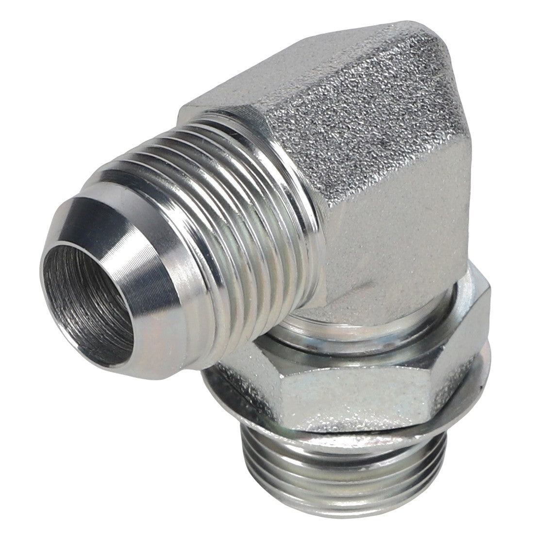 A 90° fitting metal elbow pipe with male JIC threaded ends, depicted against a white background, is identified as the AGCO | ELBOW FITTING - AG554510 by AGCO.