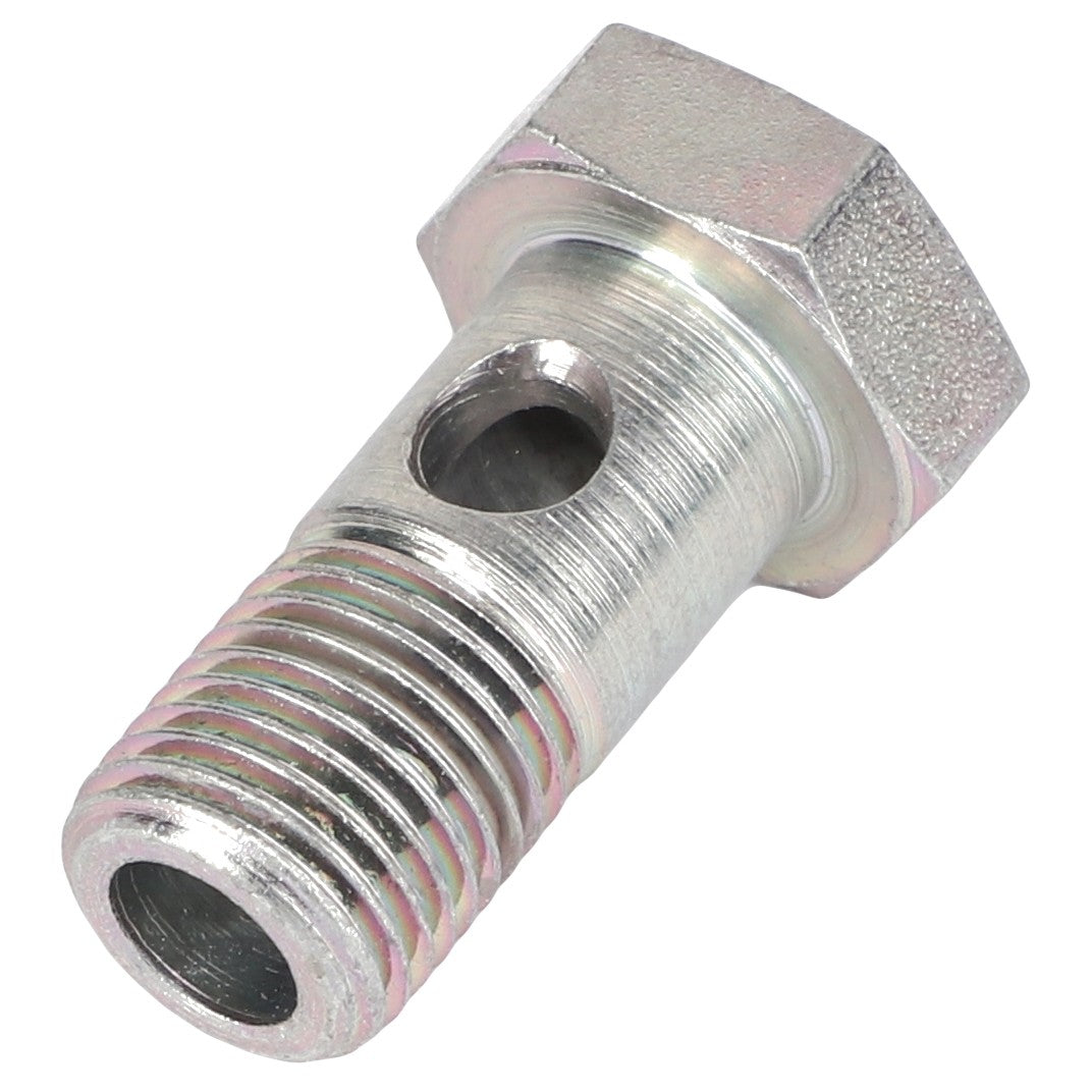 Close-up of the AGCO | SCREW - AL1120166, showcasing its metallic bolt design with a hexagonal head, a threaded shaft, and a central hole running through its length.