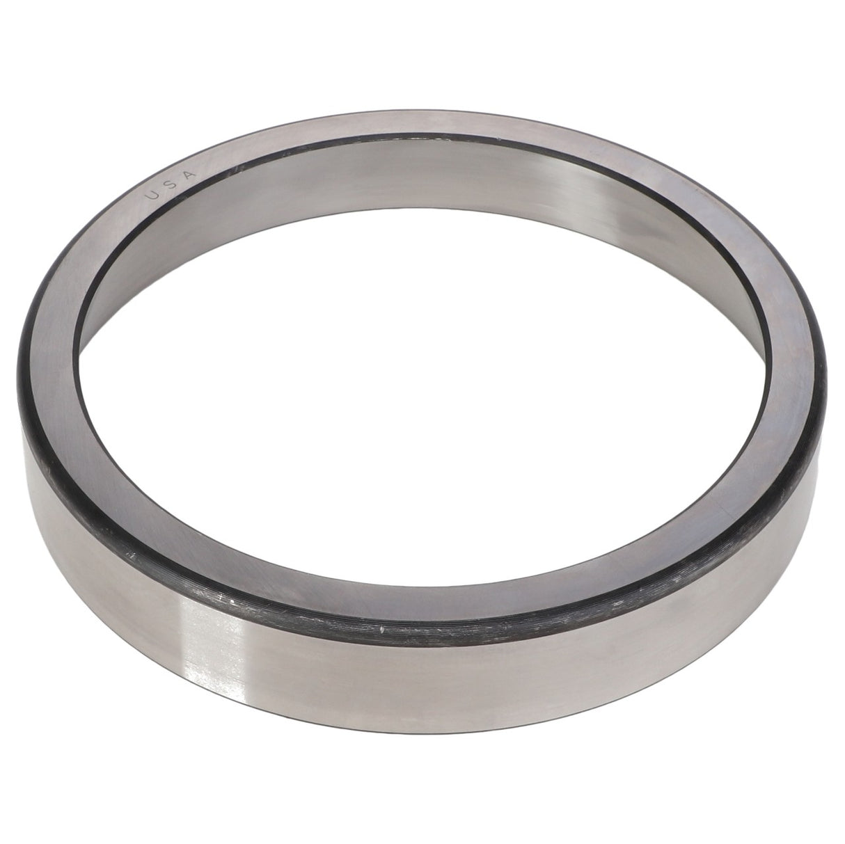 The AGCO | BEARING CUP - AG711901, a metallic, circular bearing ring with a smooth, reflective surface, is likely designed for handling radial loads in machinery or automotive applications.