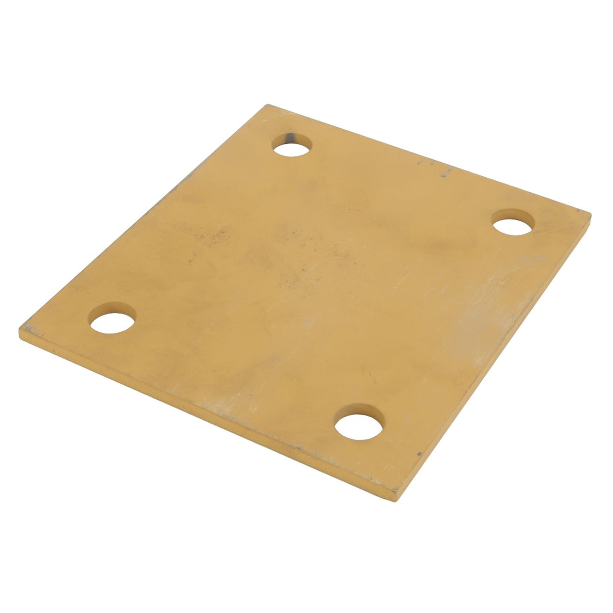 The AGCO spacer, model AG122526, is a square yellow metal plate featuring four evenly spaced circular holes positioned near each corner.