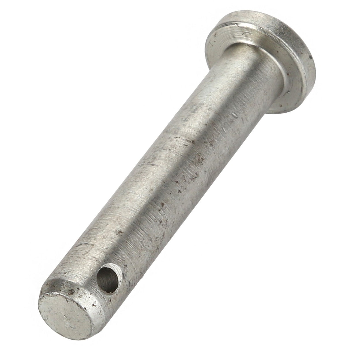 Here is the revised sentence:
The AGCO Clevis Pin - 3008345X1 by AGCO is a metal cylindrical pin featuring a flat round head and a hole near the opposite end. No current product description available.