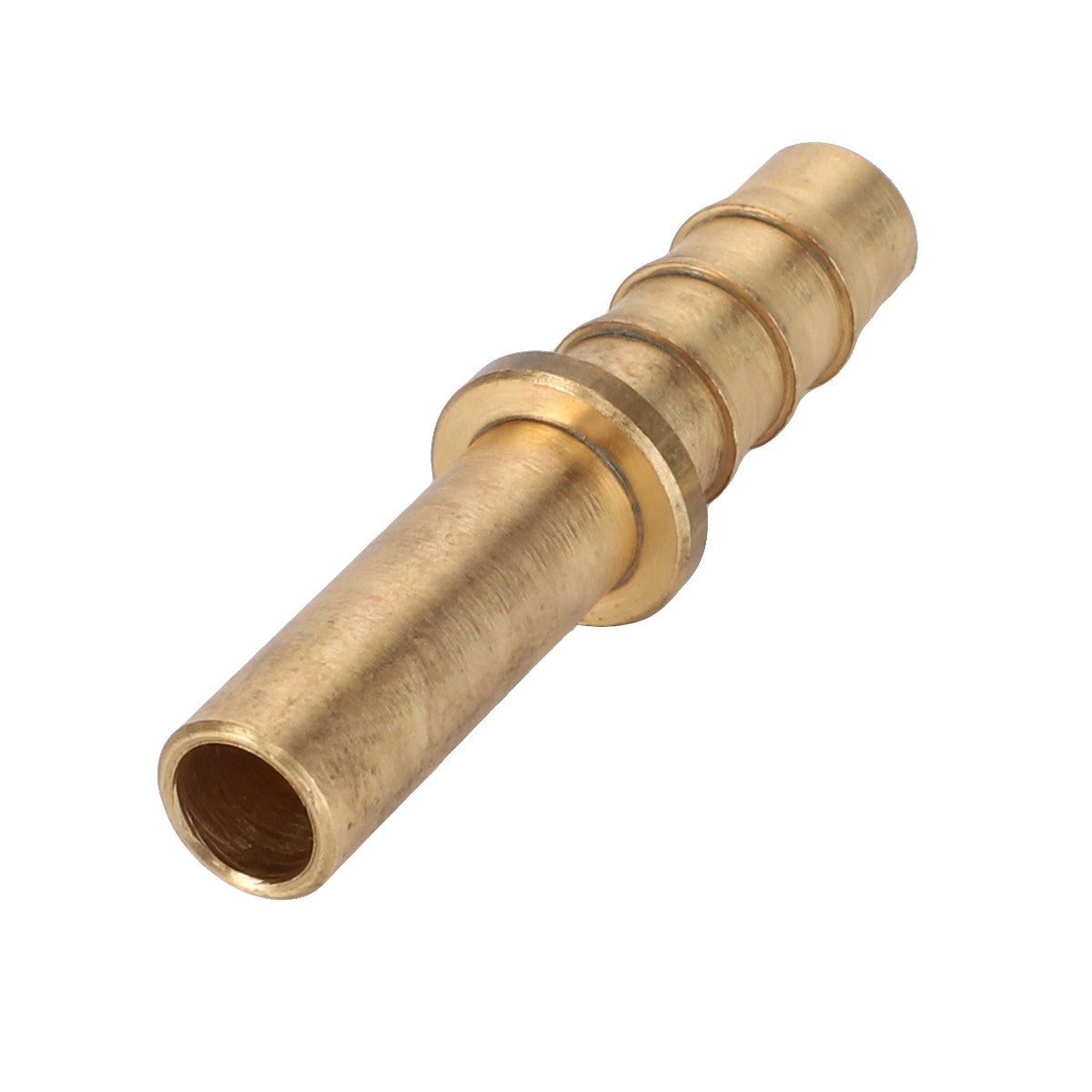 The AGCO | ADAPTER - D46418200, a brass hose barb fitting, features a smooth cylindrical end and three ridges on the opposite end, designed for secure connections in your applications.