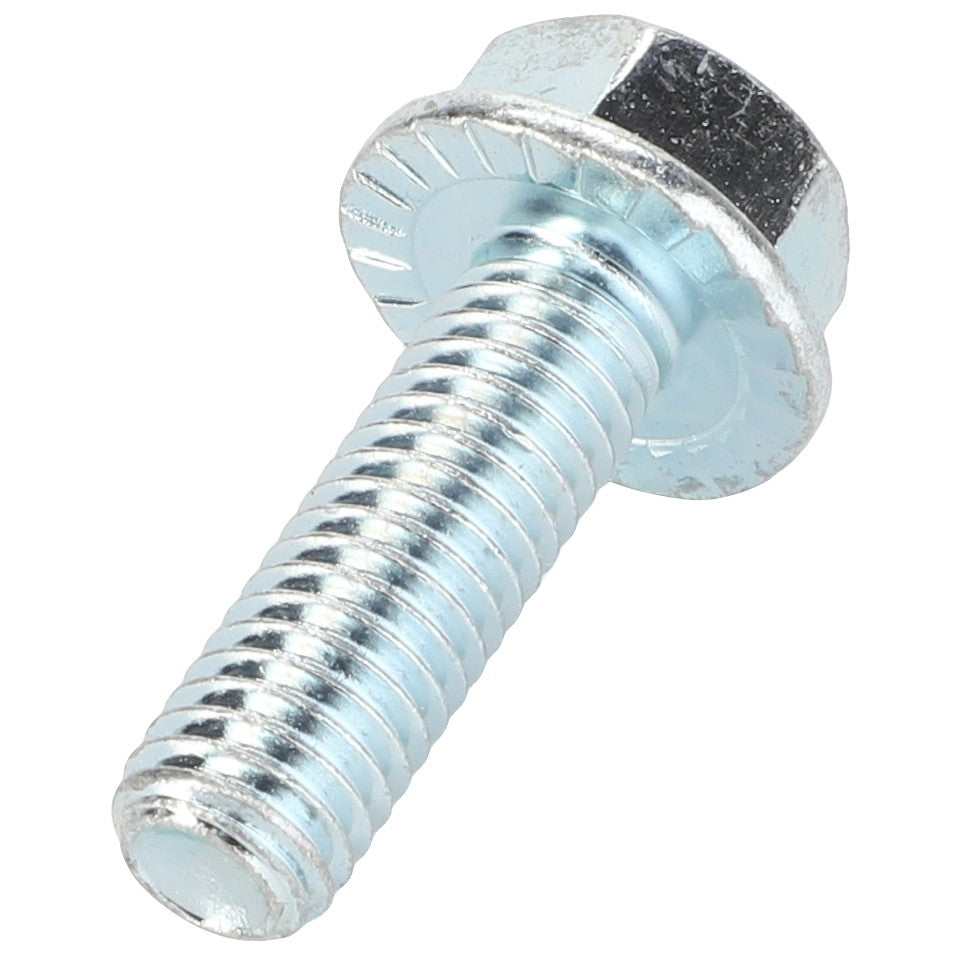 A close-up view of the AGCO Bolt - Acp0321060 reveals its intricately designed hexagonal head and ridged underside, complete with a threaded shaft.