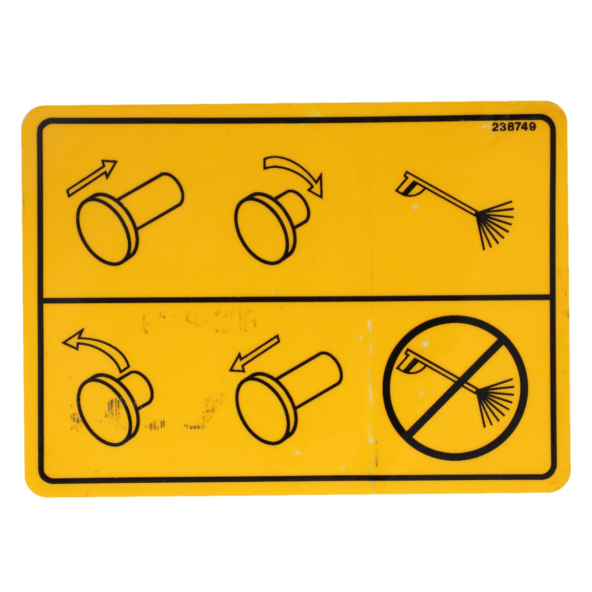 The AGCO | DECAL - AG238749 features a yellow instruction sign that outlines two steps for rotating a knob to operate, and includes a third step that prohibits spraying. Unfortunately, no additional product description information is available at this time.