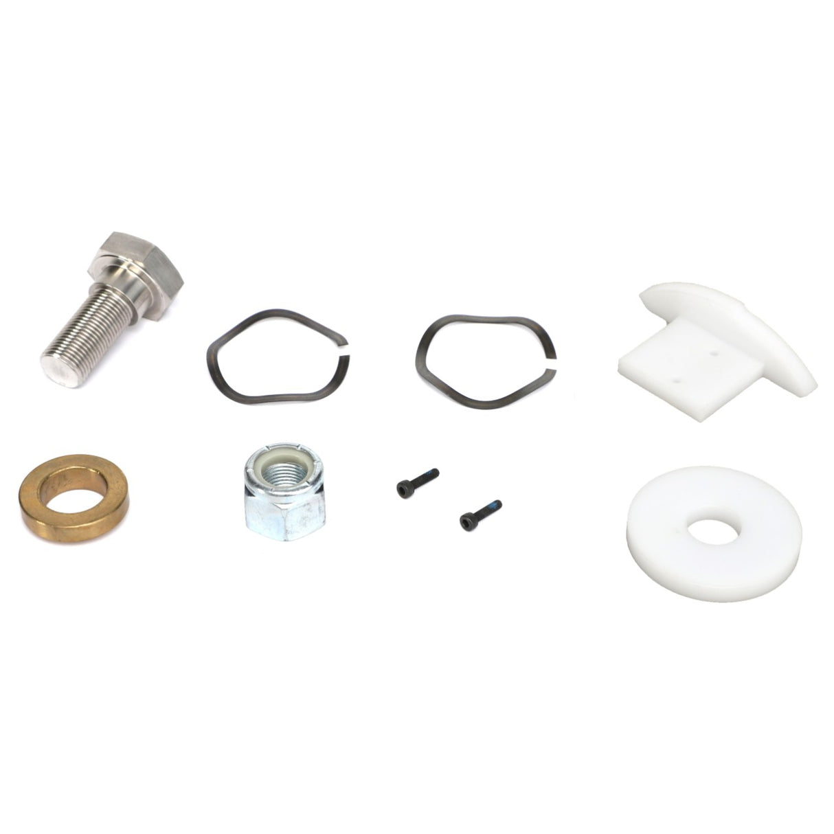AGCO's AXLE KIT - AG333804, including a bolt, two clips, a nut, two small screws, a washer, a brass ring, and a white plastic piece is arranged on a white background. No current product description information available.
