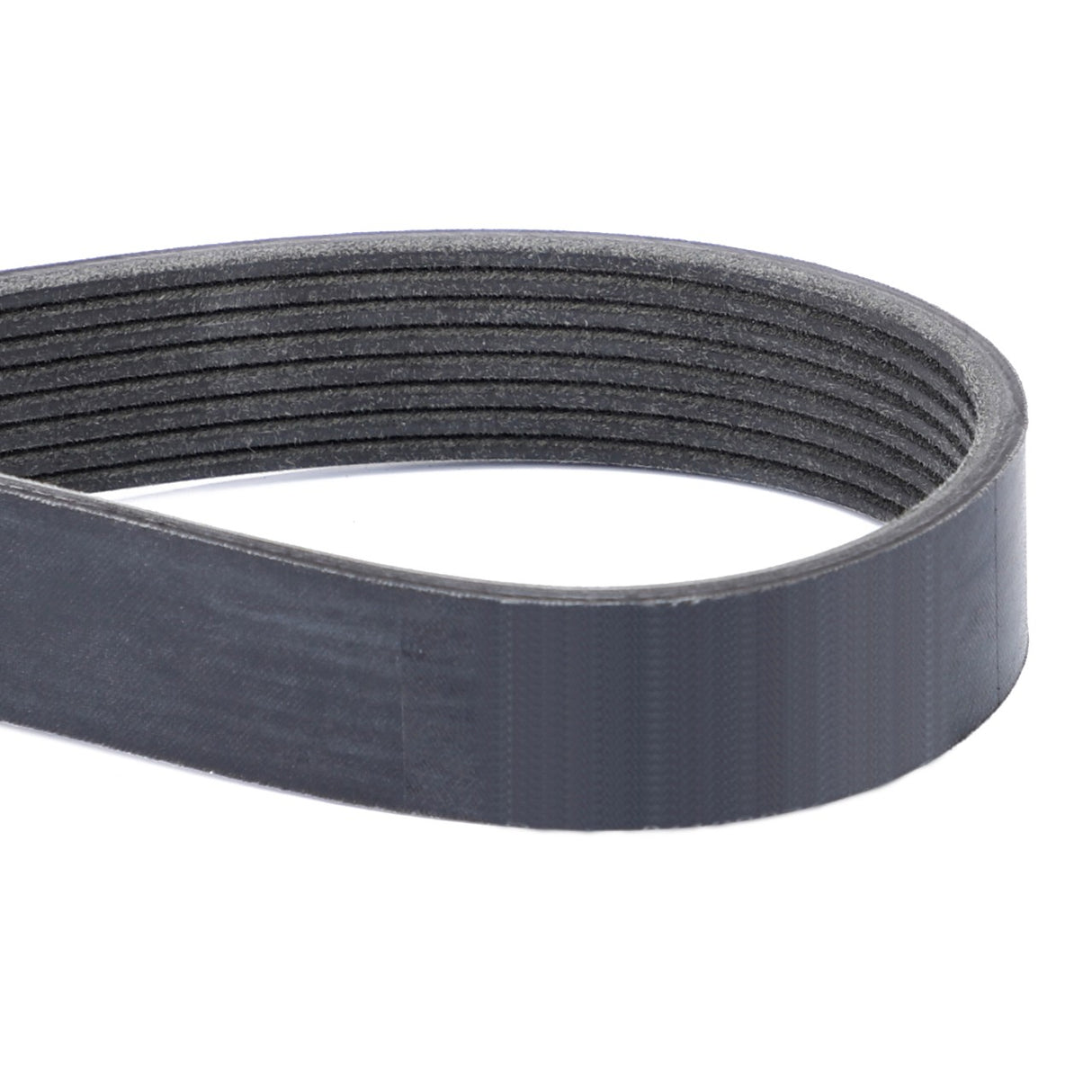 Close-up view of a black ribbed serpentine belt, used in automotive engines to drive multiple peripheral devices. This AGCO Genuine Serpentine Belt, F946201040020 with Pk8 Profile, is compatible with Fendt Models Vario SCR and certain Massey Ferguson Models.
