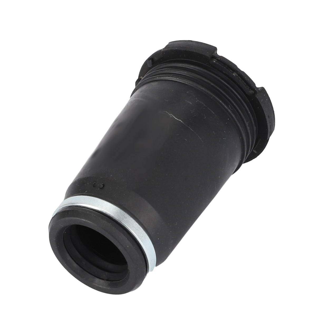 The AGCO Sleeve - Acp0279210 is a black cylindrical mechanical part with a threaded end and a silver ring near its base, known for its high durability, isolated on a white background.