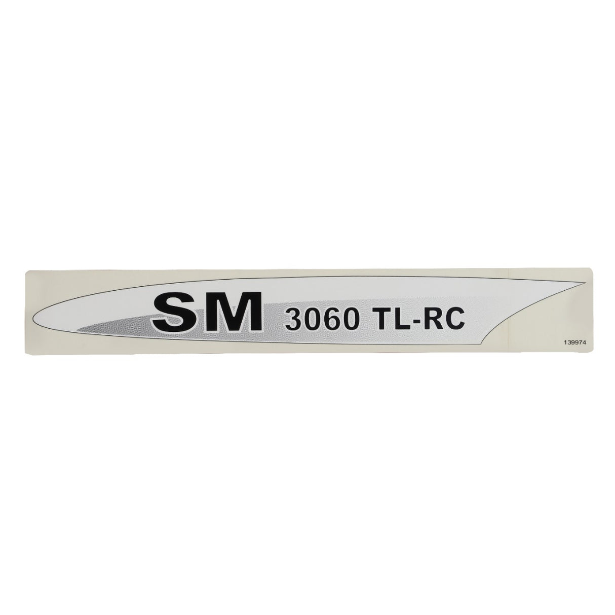 A rectangular sticker labeled "AGCO | Decal - Fel139974" featuring the text "SM 3060 TL-RC" printed in black on a white background, accompanied by a curved gray design on the left side. Note: No current product description available.