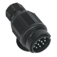 The Towing Plug 13-Pin Euro Plastic 12V Twin Inlet - TB54 from Sealey is a black multi-pin electrical connector with a ribbed casing, featuring multiple metal pins for secure connections. Ideal as a reliable towing plug, it ensures dependable connectivity in caravan conversion projects.