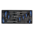 The Sealey Tool Tray with T-Handle TRX-Star* Key Set 8pc - TBT05 holds eight T-handle hex wrenches with blue and black handles, arranged by size. It's perfect for professional technician tools.