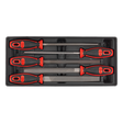 A set of five screwdrivers with red and black handles, organized in a Sealey Premier Line TBT09 tool tray, perfect for professional technician tools.