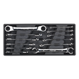 The Sealey Tool Tray with Flare Nut & Ratchet Ring Spanner Set 12pc (TBT13) contains a set of twelve flare nut and ratchet ring spanners, each held in individual slots.