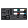 A black foam case from Sealey containing various tools organized in individual compartments, including three long handles, two colored cylindrical objects, and multiple smaller attachments—all part of the Superline PRO® range under the Tool Tray with Impact Socket & Adaptor Set 15pc Metric - TBT25 collection for professional technician tools.