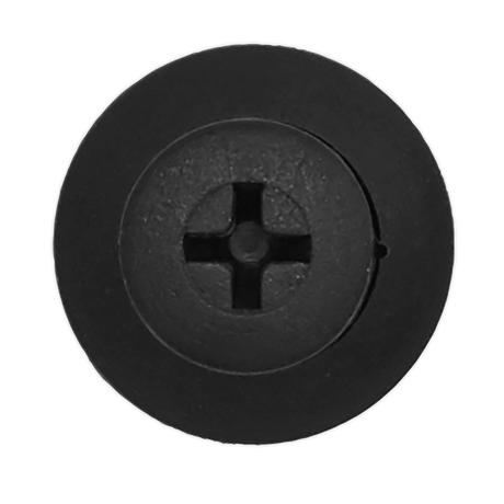 Close-up of a Sealey Screw Rivet, Ø15mm x 34mm, featuring a black, circular button with a cross-shaped indentation in the center, ideal as a universal screw rivet.