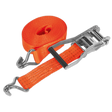 An orange Sealey Ratchet Strap 50mm x 8m, made of durable polyester webbing with a breaking strength of 3000kg, featuring a rolled section on the left and a metal ratchet mechanism with hooks on both ends on the right. The product is set against a black background, model number TD3008J.