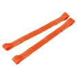 The Sealey Tie Down Securing Loop - Pair (TDL01) features two orange lifting straps with reinforced stitching and looped ends for secure attachment. Made from durable polyester webbing, these straps are ideal for handling heavy loads and can safely lift motorcycles without compromising on breaking strain.