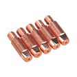 Five Sealey contact tips (1mm MB25/MB36, TG100/2) are neatly aligned in a row against a black background, resembling copper nozzles with threaded ends.