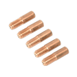 Five Sealey Contact Tip 1mm MB14 threaded metal rods, copper-colored and designed for gasless MIG welders, are arranged in a horizontal row against a black background.