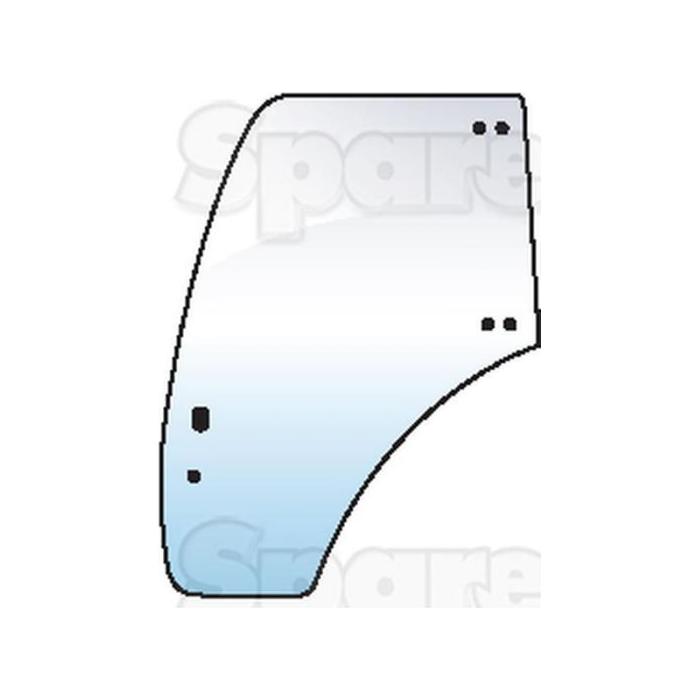 Illustration of the Door Glass LH (Sparex Part No. S.100675) with specific holes and cutouts, often used as a placement guide for installation. Background features a faint "Spare" text watermark. Includes diagram for LH Gas Strut and glazing rubber application from Sparex.