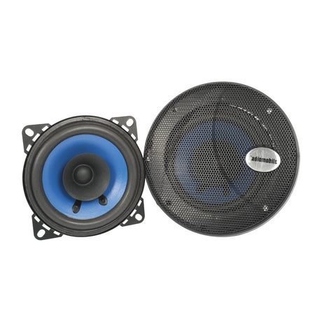 Two round car speakers, the 100mm Dual Cone Speakers - S.25730 from Sparex, one showcasing a visible blue Polypropylene cone with a black dome and the other sporting a black mesh cover labeled "automobile," both featuring 4 Ohm impedance for superior sound quality.