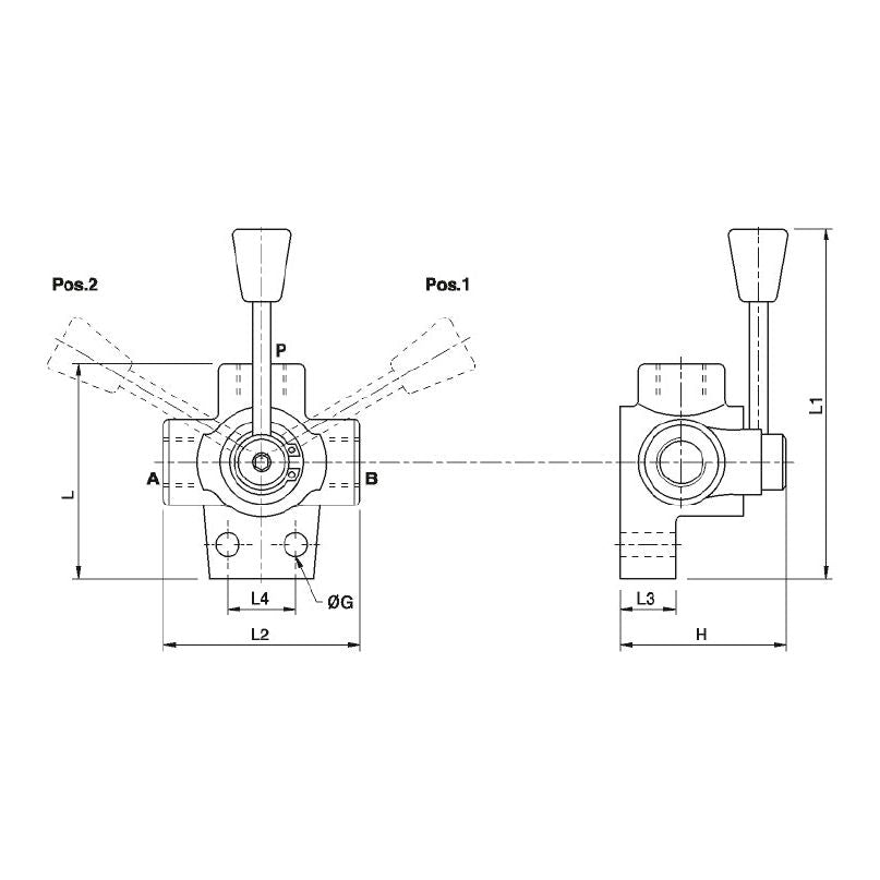 Technical drawing of a lever mechanism, showing two positions (Pos.1 and Pos.2). Dimensions L2, L3, L4, H, and circle diameter ØG are indicated. The lever is depicted both frontally and laterally. This setup incorporates the Sparex Hydraulic 3-Way Diverter Valve 1/2BSP - S.101601 to manage flow direction efficiently.