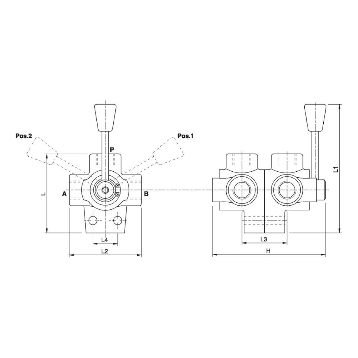 Technical drawing of the Sparex Hydraulic Diverter Valve 6 Way 1/2'' BSP - S.101606, showing front and top views with dimensions labeled, including positions, angles, and measurements in millimeters.