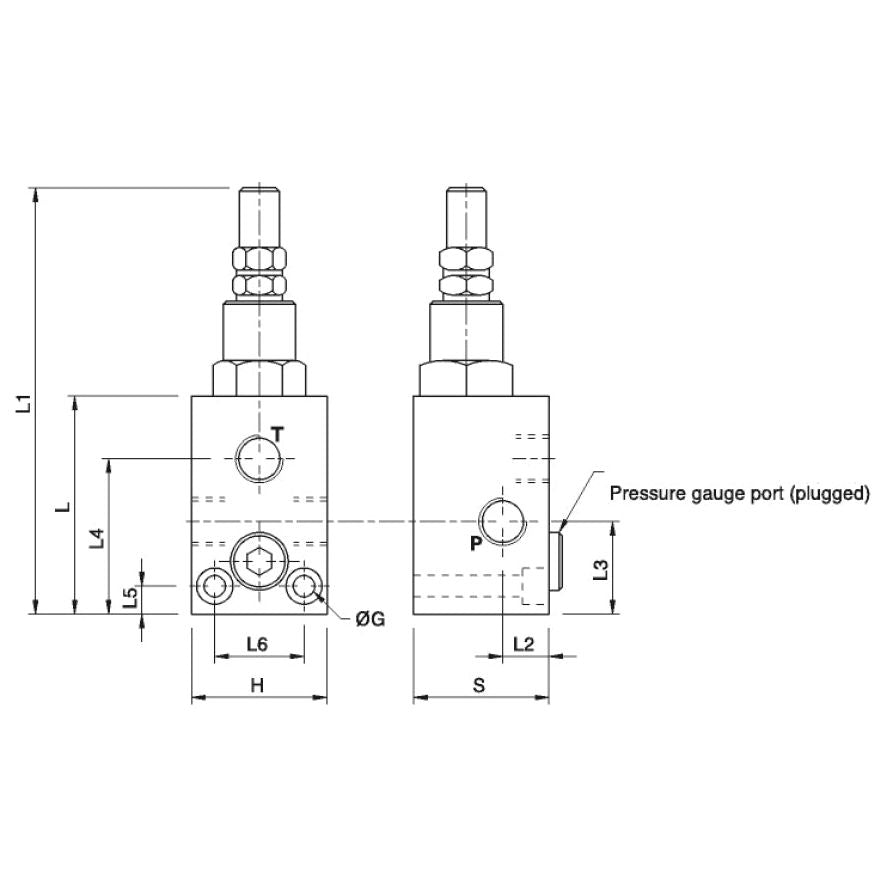Technical drawing of the Hydraulic Relief Valve Direct Acting 3/8''BSP - S.101615 by Sparex displaying front and side views with various dimensions labeled, including ports, a Max Flow Inlet, and a pressure gauge port marked as plugged.
