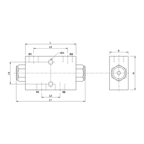 A technical drawing of the Hydraulic Dual Pilot Check Valve Line Mounting 3/8''BSP - S.101620 by Sparex, featuring front and top views with labeled dimensions L1, L2, L3, L4, H, S, D, C1, C2, V1, and V2. This design incorporates a line mounting for easy installation.