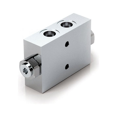 A metal hydraulic valve block with two circular openings, a threaded connector on one end, and a 1/2'' BSP port. Compatible with the Sparex MARCHESINI Dual Pilot Operated Check Valve (Hydraulic Dual Pilot Check Valve Line Mounting 1/2BSP - S.101621), it supports a flow rate of up to 55 L/min.