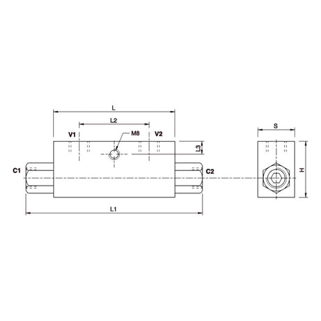Technical drawing of the Sparex Hydraulic Double Acting Check Valve 3/8''BSP - S.101623, showcasing labeled dimensions and measurements including L, L1, L2, V1, V2, C1, C2, M8, H, and S. The component features 3/8" BSP ports and is designed for a maximum pressure of 350 Bar and a maximum flow inlet of 20 lpm.