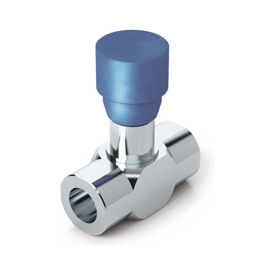 A Sparex Hydraulic Bi-directional Flow Control Valve 1/4''BSP - S.101631, featuring a T-shaped metallic fitting with a blue cap and a threaded opening on one end, offering bi-directional flow control.