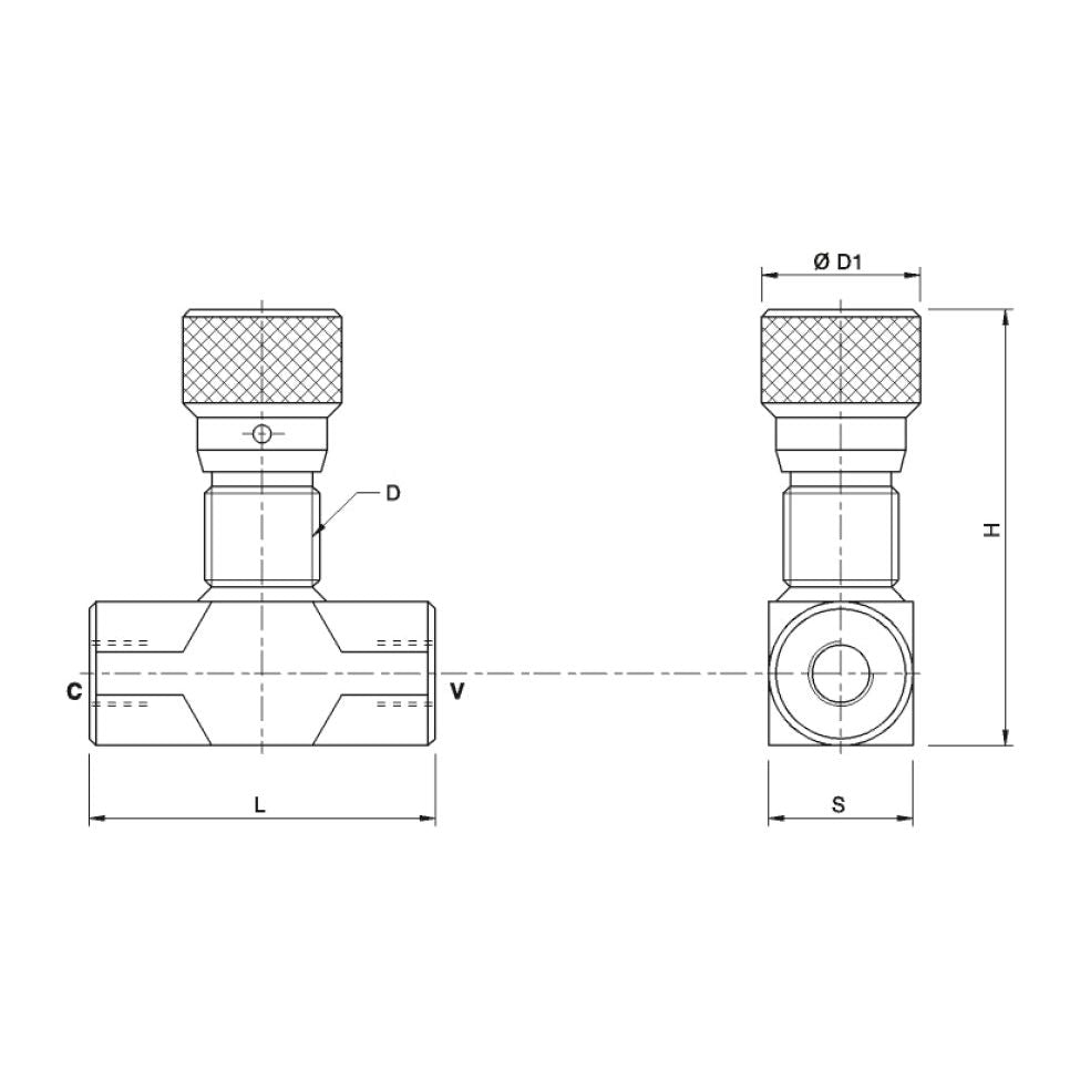 Technical drawing of the Hydraulic Bi-directional Flow Control Valve 1/4'' BSP - S.101631 by Sparex with side and front views, showcasing dimensions and labeled parts including C, L, V, S, H, D, and Ø D1. The valve has a knurled handle for adjustments and features flow control capabilities for precise regulation.
