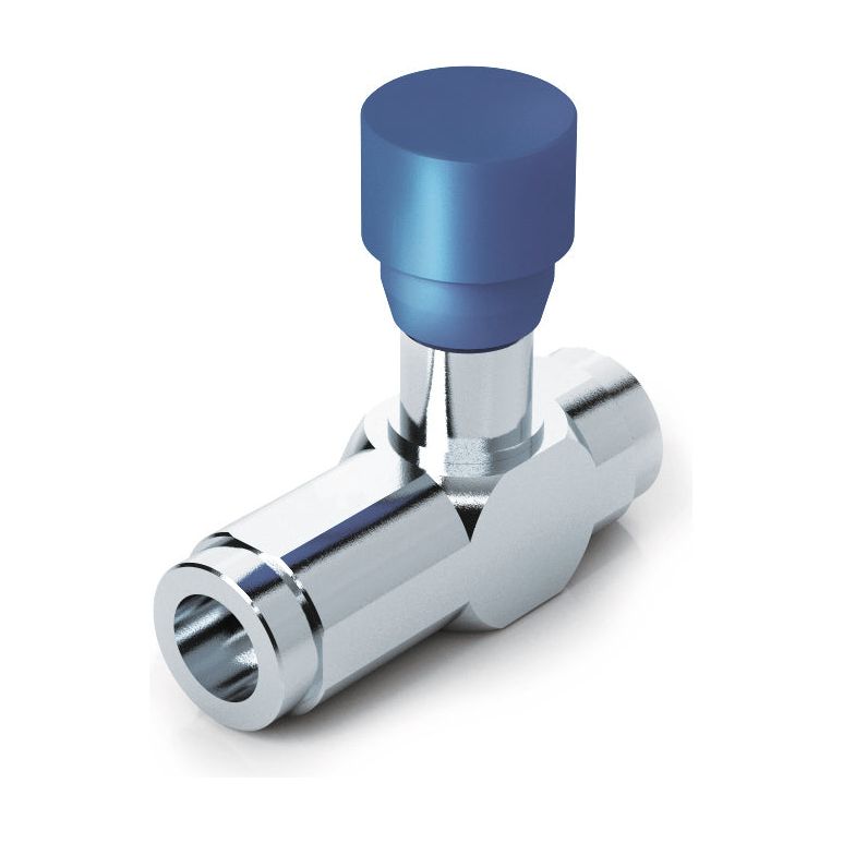 The Sparex Hydraulic Flow Control Valve 3/8'' BSP with free flow check (S.101634) features a shiny, metallic finish, a cylindrical connection on one end, and a blue knob on the top, making it suitable for various plumbing applications.
