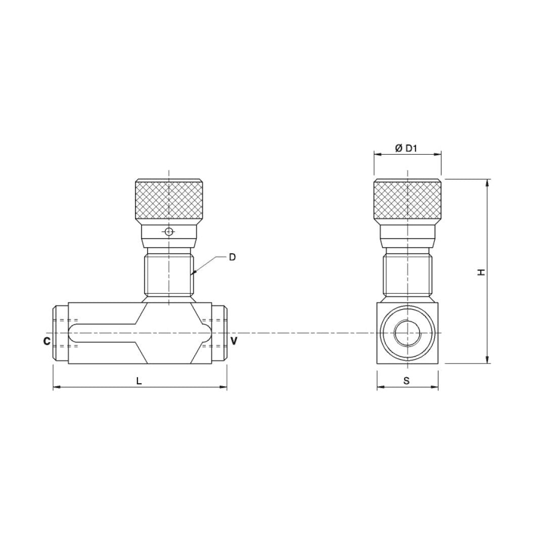 Technical drawing of the Sparex Hydraulic Flow Control Valve 1/2BSP with free flow check (Product code: S.101635) with labeled dimensions: length (L), height (H), diameter (D1), size (S), and connection points (C, D, V). Front and side views are shown. The design includes a 1/2" BSP Free Flow Check for efficient operation.