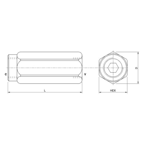 Technical drawing of a hex drive threaded insert with dimensions labeled as C, L, V, D, and HEX. The drawing includes a side view and a top view of the insert. Please note this model is compatible with 3/4" BSP ports for in-line applications. The product in reference is the Hydraulic In Line Check Valve 3/4''BSP - S.101639 from Sparex.
