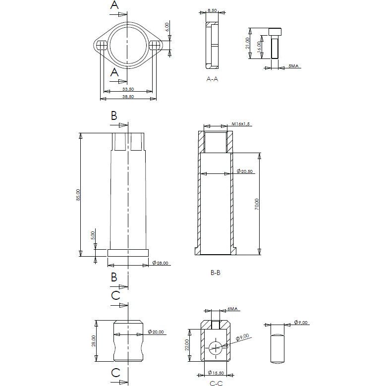Technical drawing showing multiple views and dimensions of the Sparex Hydraulic Valve - Connection Kit, designed for the Walvoil SD4/5/6 Valve, including cross-sections and detailed measurements, specifically tailored for Sparex Part No. S.101654.