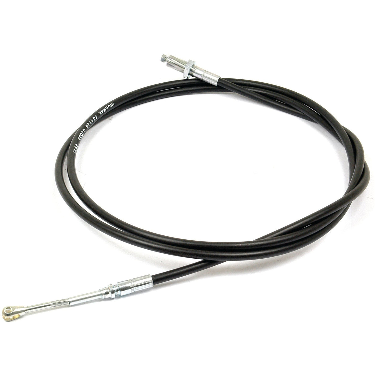 A black throttle cable with metal connectors on both ends, coiled in a loop, reminiscent of the Sparex Remote Control Cable 2.5M (Sparex Part No. S.101670).