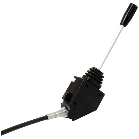 The Sparex Remote Control Assembly with 2M Cable (Sparex Part No. S.101682) features a mechanical control lever connected to a black cable with a metallic joint. The lever has a long handle and is mounted on a black rectangular base, offering precise control. This Sparex remote control unit boasts durability and efficiency for various applications.