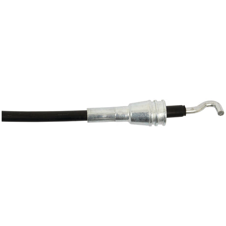 Close-up of a black cable with a silver-metal connector and a hook-shaped end, resembling the robust Sparex Remote Control Cable - Morse Style 2M (Sparex Part No. S.101686).