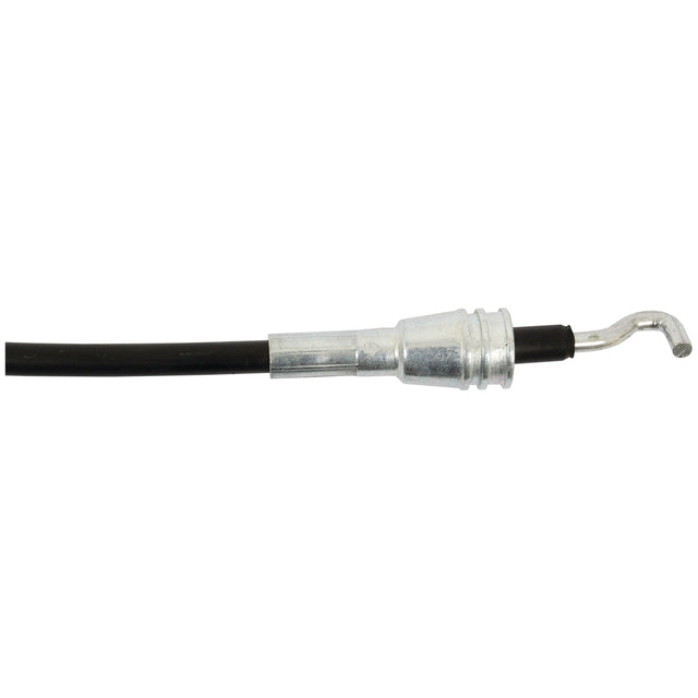 Close-up of a black cable with a silver-metal connector and a hook-shaped end, resembling the robust Sparex Remote Control Cable - Morse Style 2M (Sparex Part No. S.101686).