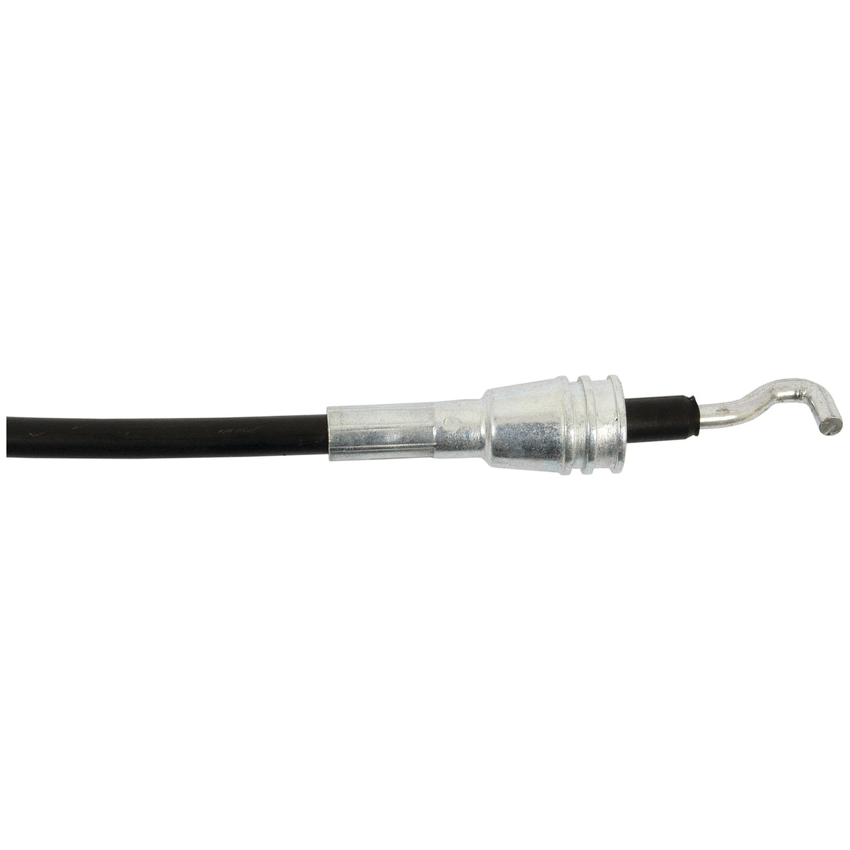 A close-up image of a Sparex Remote Control Cable - Morse Style 3M (Sparex Part No. S.101687) with a metal fitting at one end and a curved metal tip.