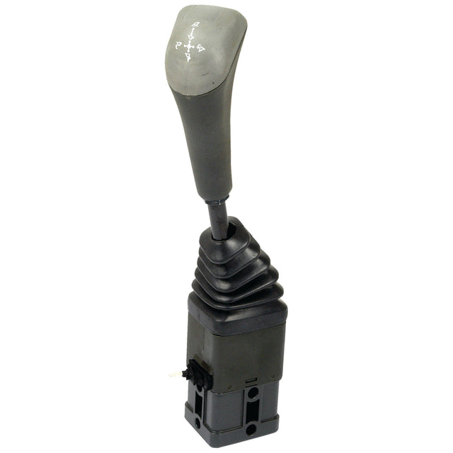 The Sparex - Remote Control Joystick (Sparex Part No. S.101721) with Morse Style and Central Lock is a black joystick featuring a curved handle, directional indicators on the top, mounted on a rectangular base with a coiled bellows cover.