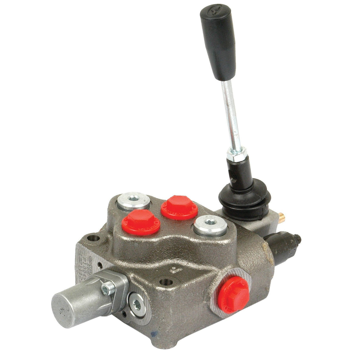 A robust log splitter valve with a lever handle from Sparex, model S.101727, featuring a metal body and various red and silver fittings, ideal for use in log splitters.